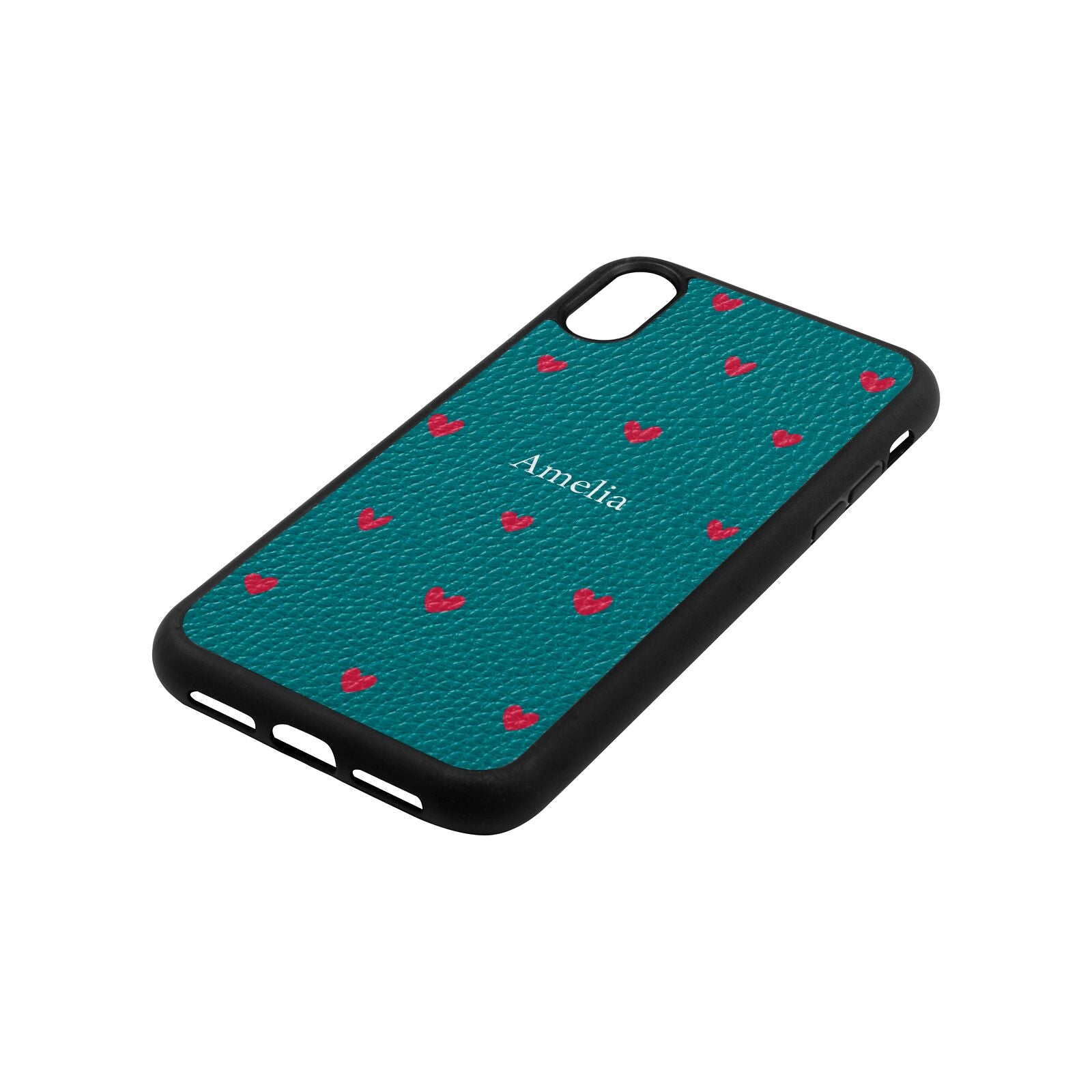 Custom Hearts Name Green Pebble Leather iPhone Xr Case Side Angle