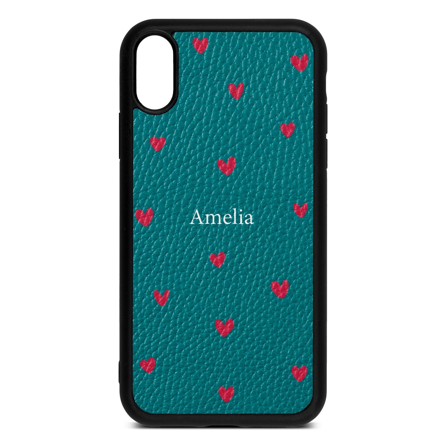 Custom Hearts Name Green Pebble Leather iPhone Xr Case