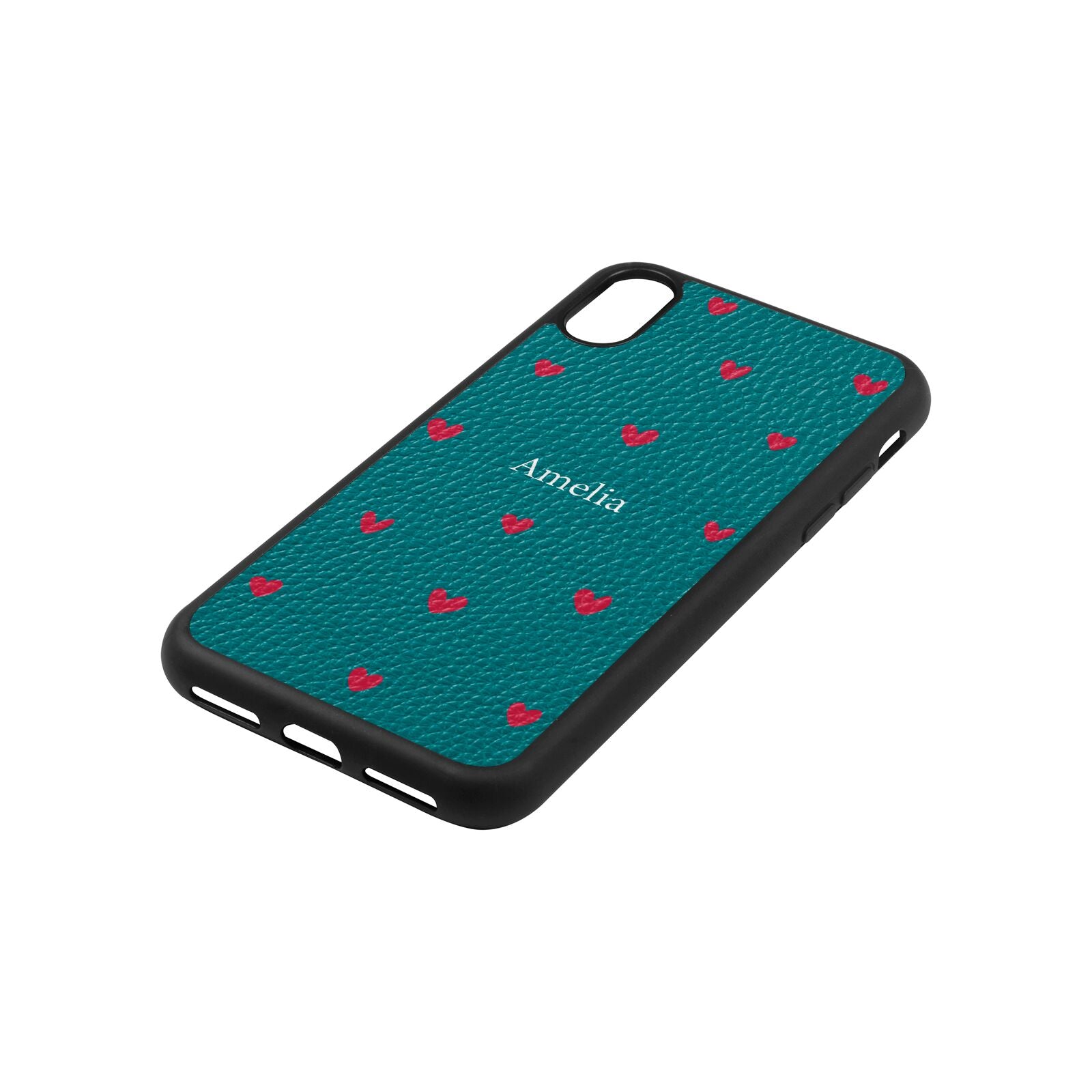 Custom Hearts Name Green Pebble Leather iPhone Xs Case Side Angle