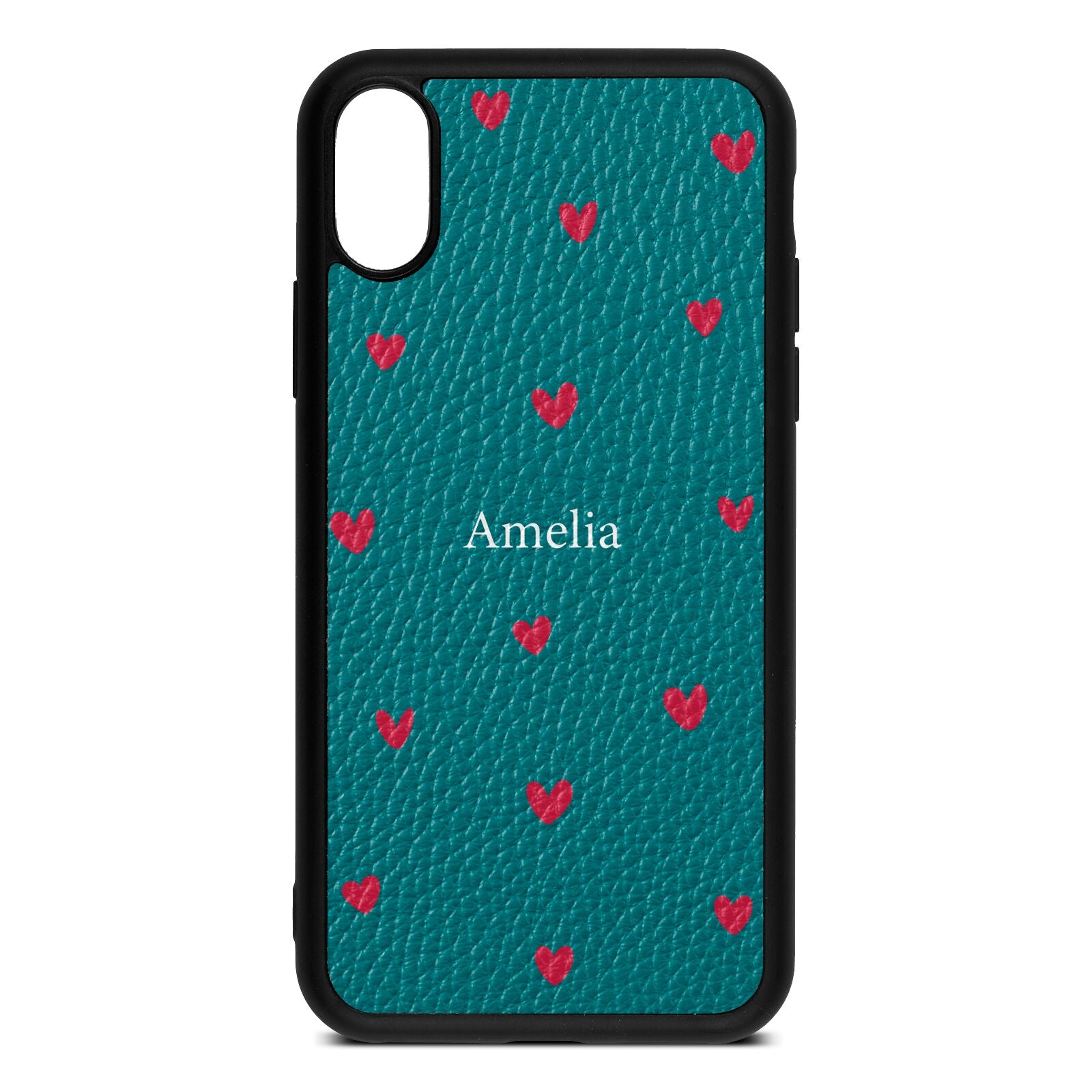 Custom Hearts Name Green Pebble Leather iPhone Xs Case