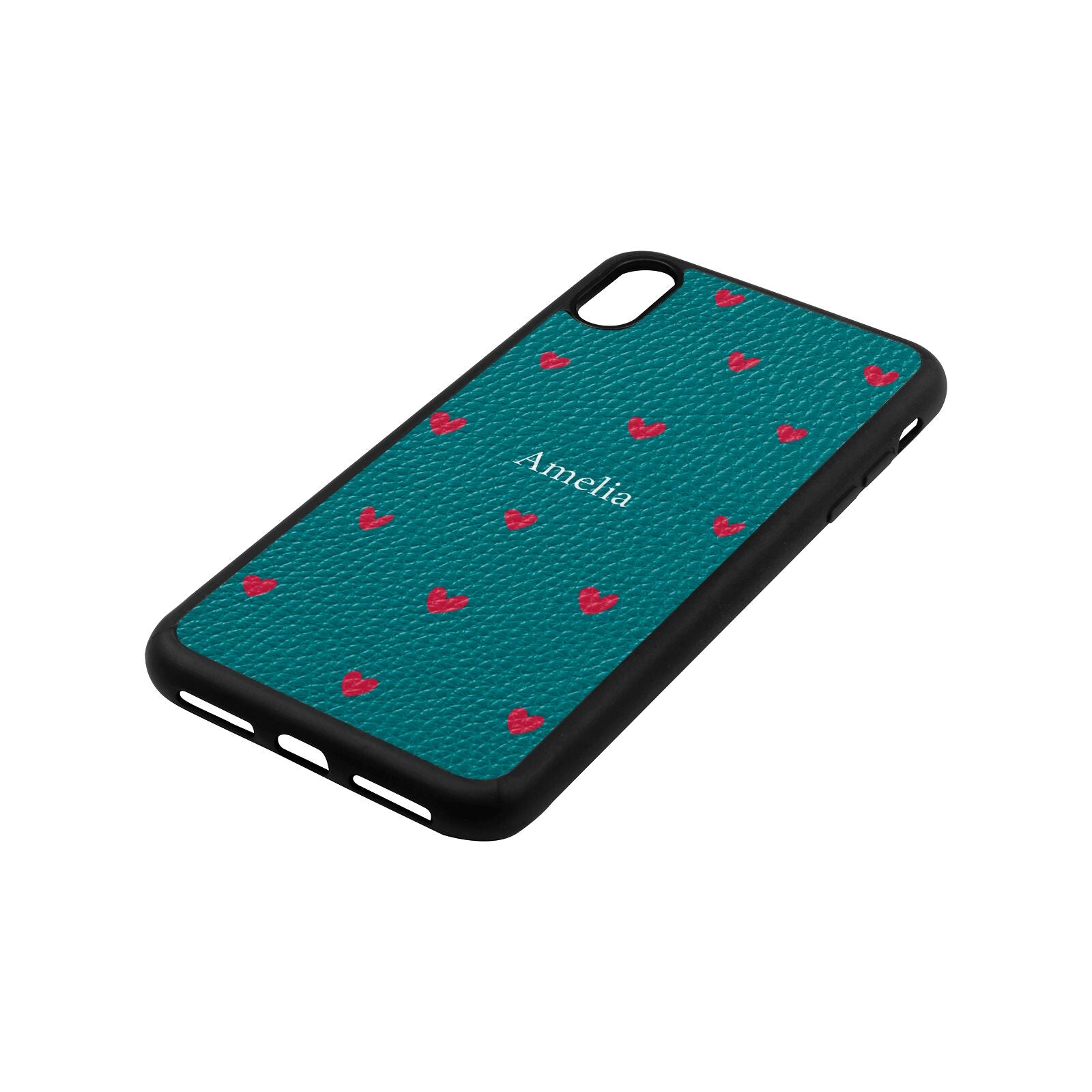 Custom Hearts Name Green Pebble Leather iPhone Xs Max Case Side Angle