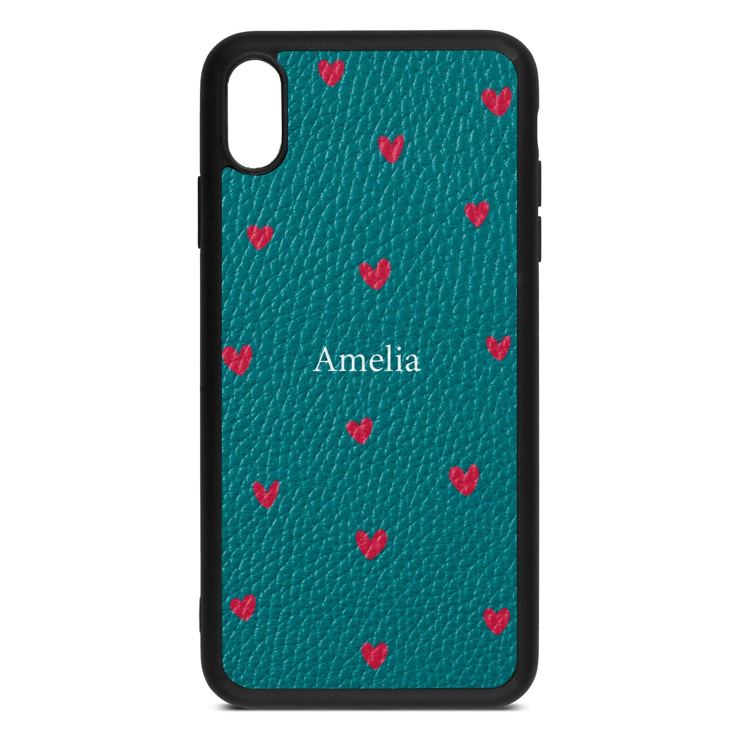 Custom Hearts Name Green Pebble Leather iPhone Xs Max Case