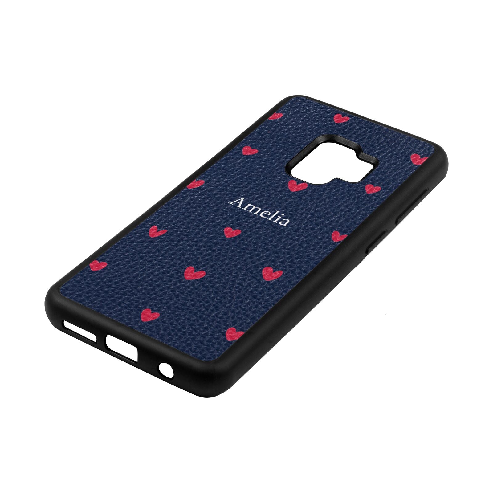 Custom Hearts Name Navy Blue Pebble Leather Samsung S9 Case Side Angle