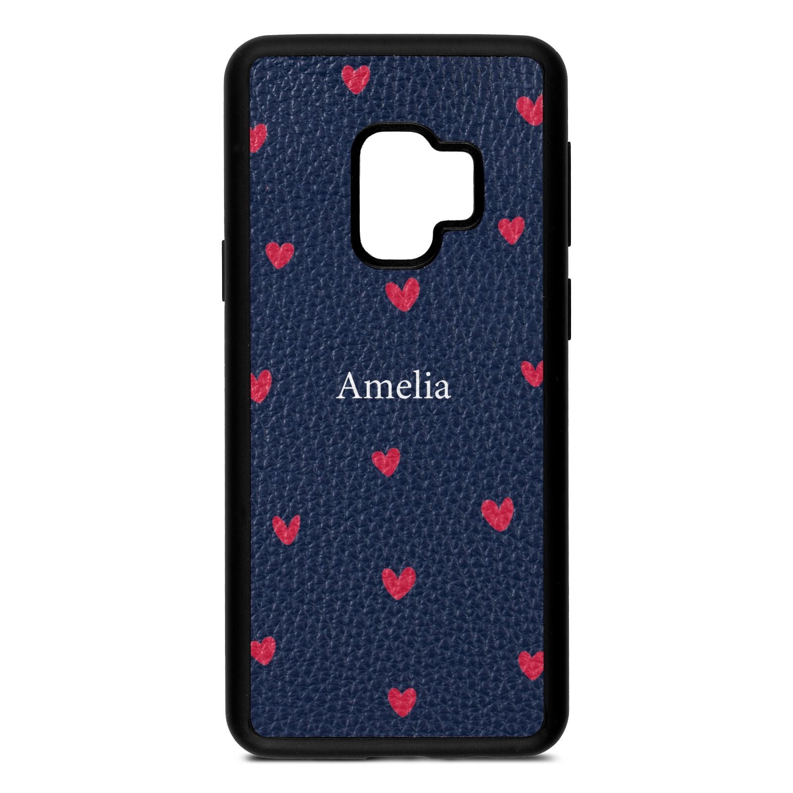 Custom Hearts Name Navy Blue Pebble Leather Samsung S9 Case