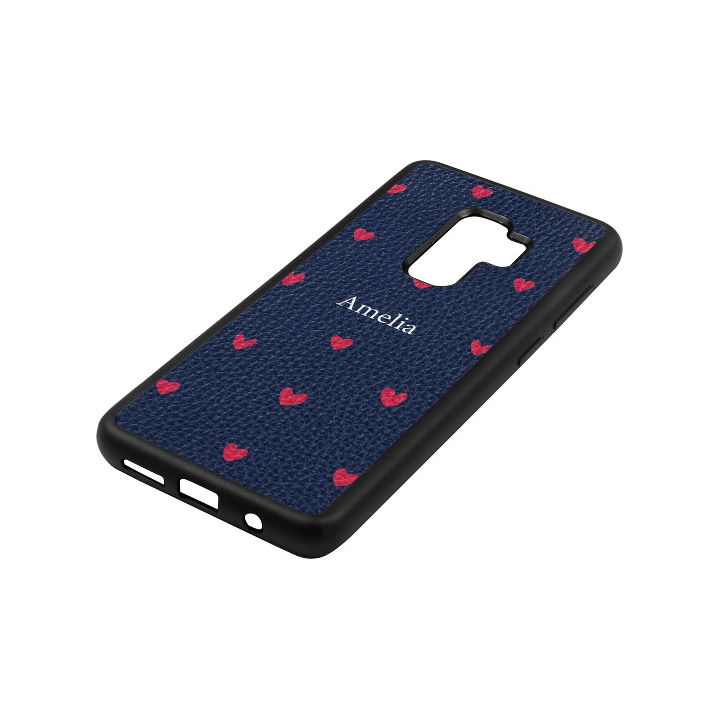 Custom Hearts Name Navy Blue Pebble Leather Samsung S9 Plus Case Side Angle