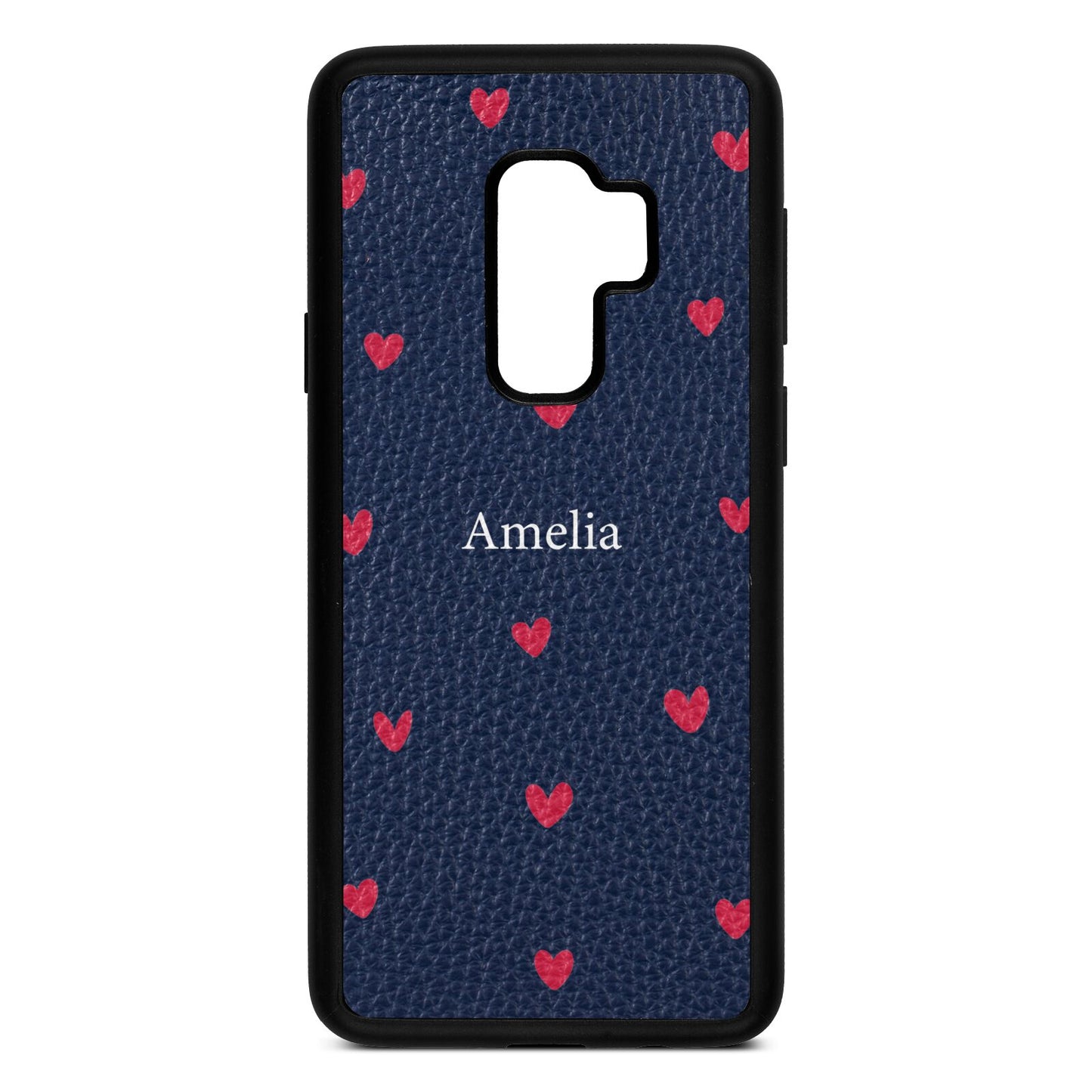 Custom Hearts Name Navy Blue Pebble Leather Samsung S9 Plus Case