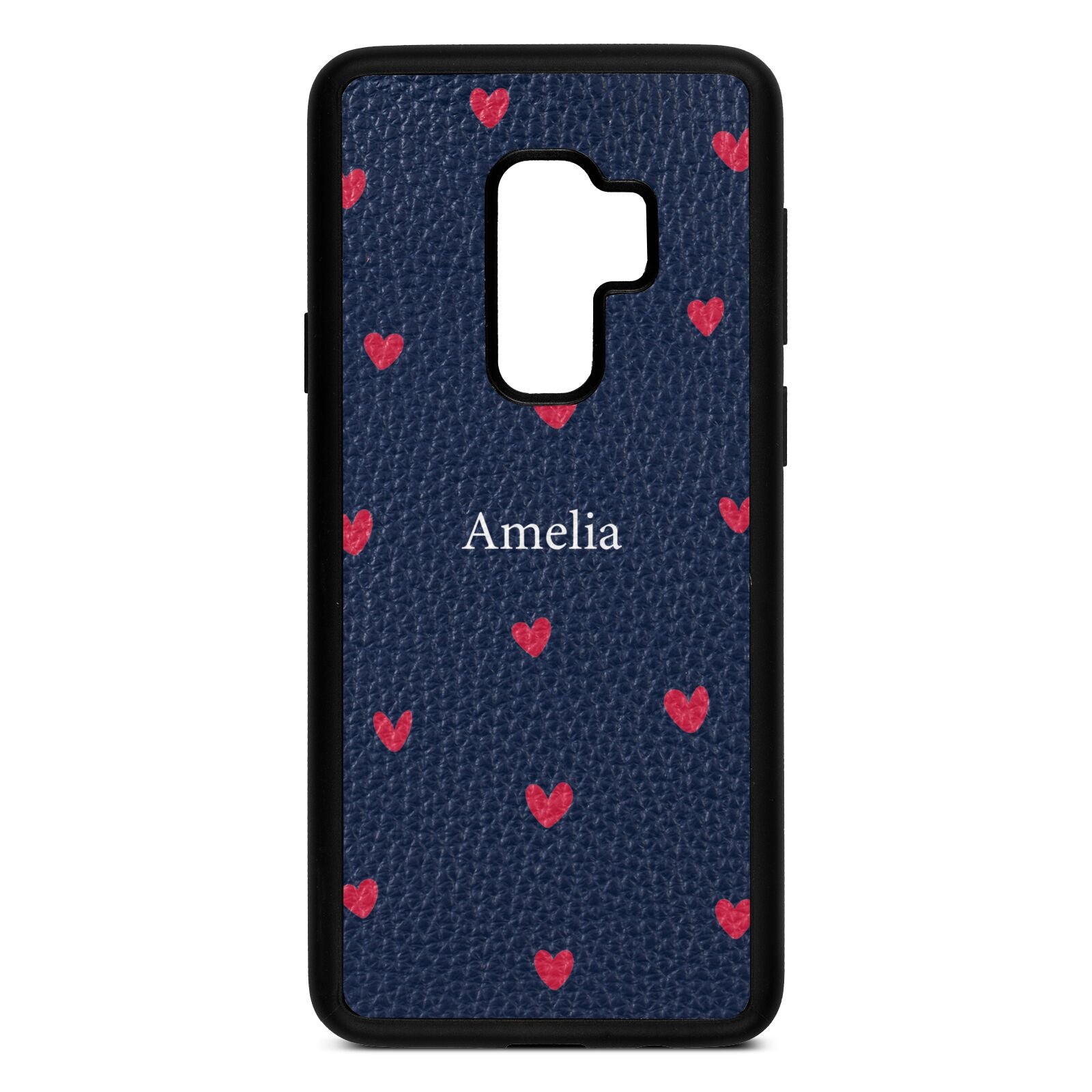 Custom Hearts Name Navy Blue Pebble Leather Samsung S9 Plus Case