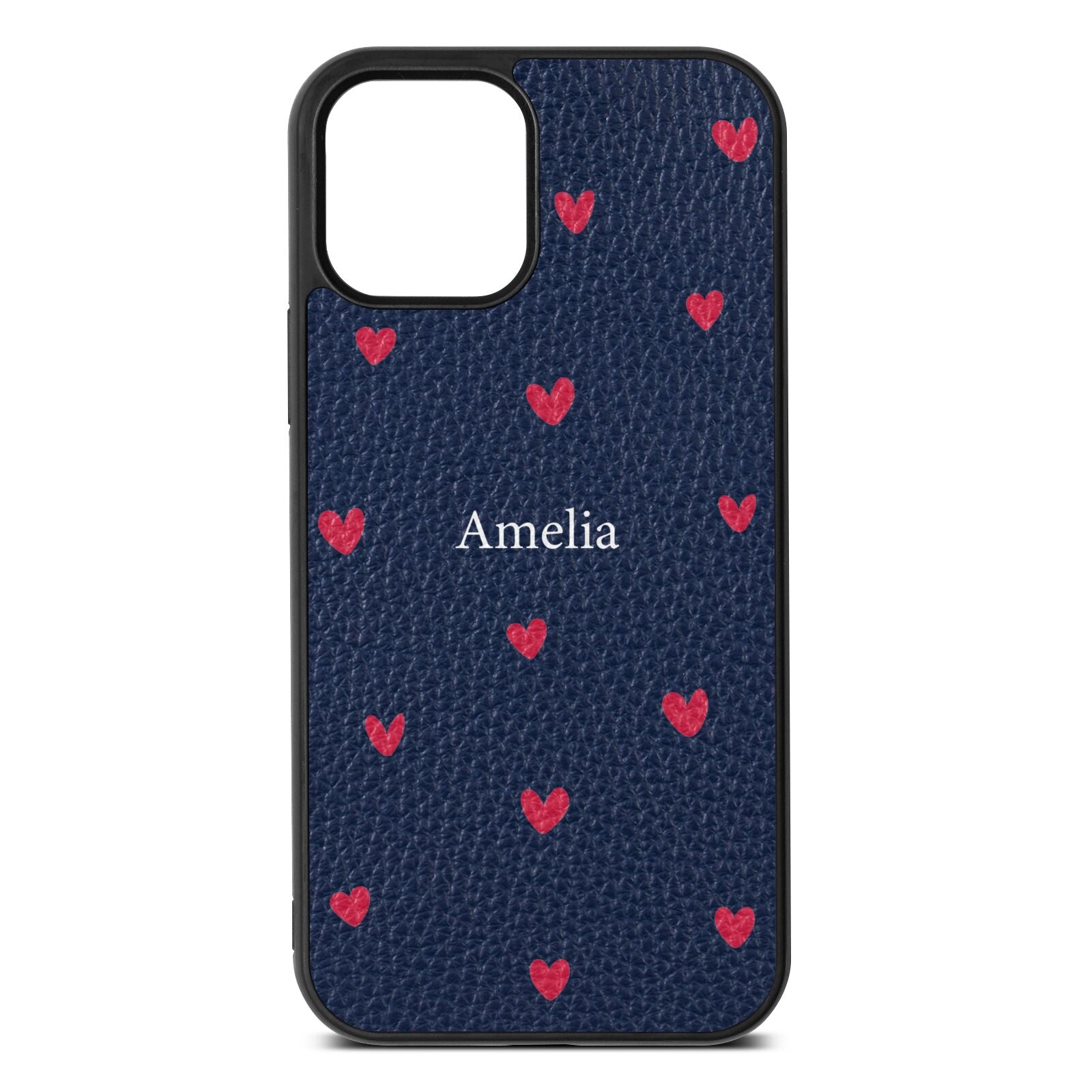 Custom Hearts Name Navy Blue Pebble Leather iPhone 12 Case