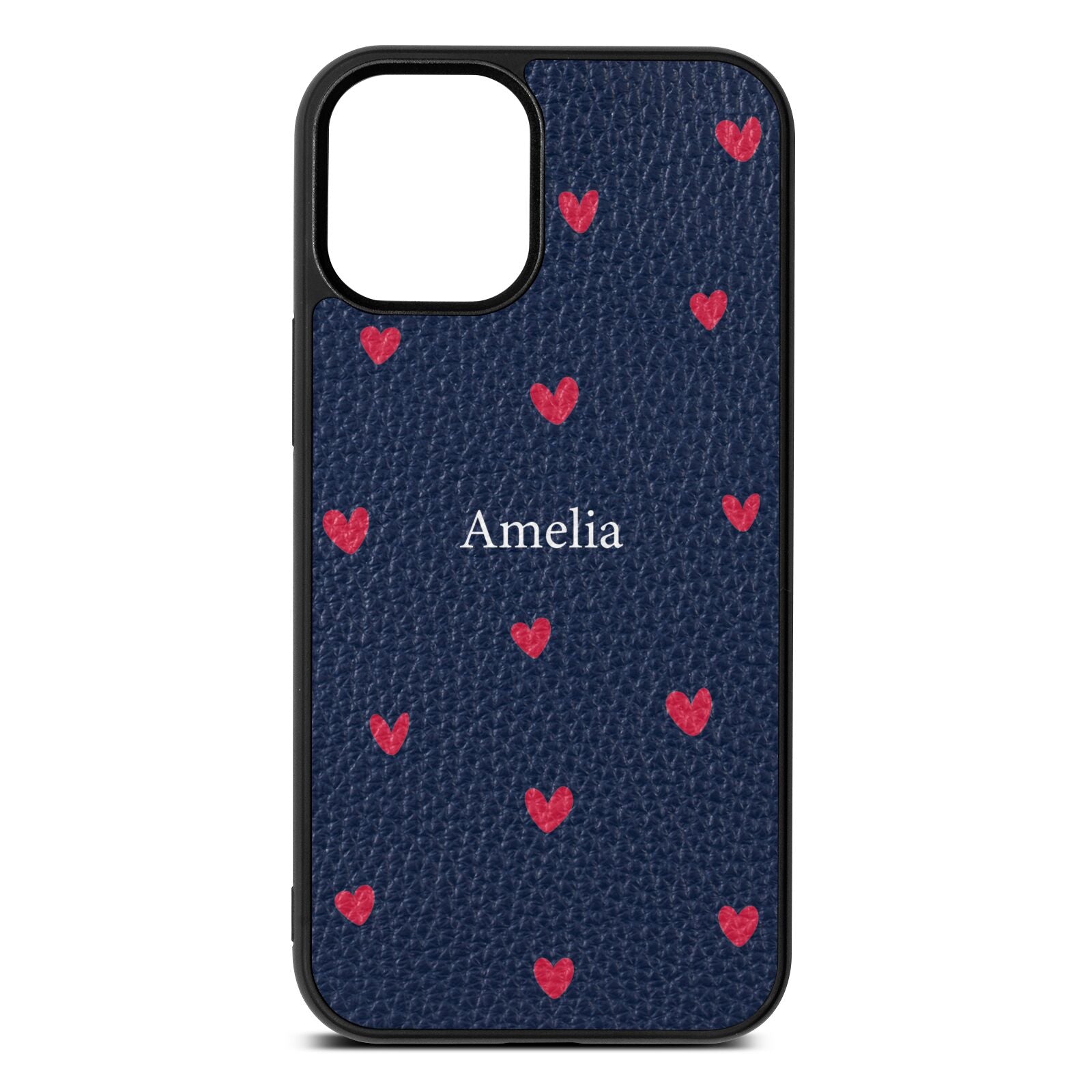 Custom Hearts Name Navy Blue Pebble Leather iPhone 12 Mini Case