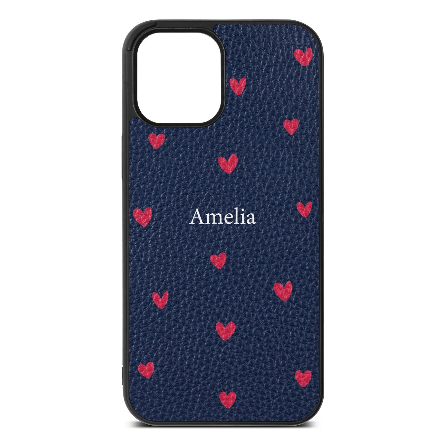 Custom Hearts Name Navy Blue Pebble Leather iPhone 12 Pro Max Case