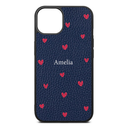 Custom Hearts Name Navy Blue Pebble Leather iPhone 13 Case