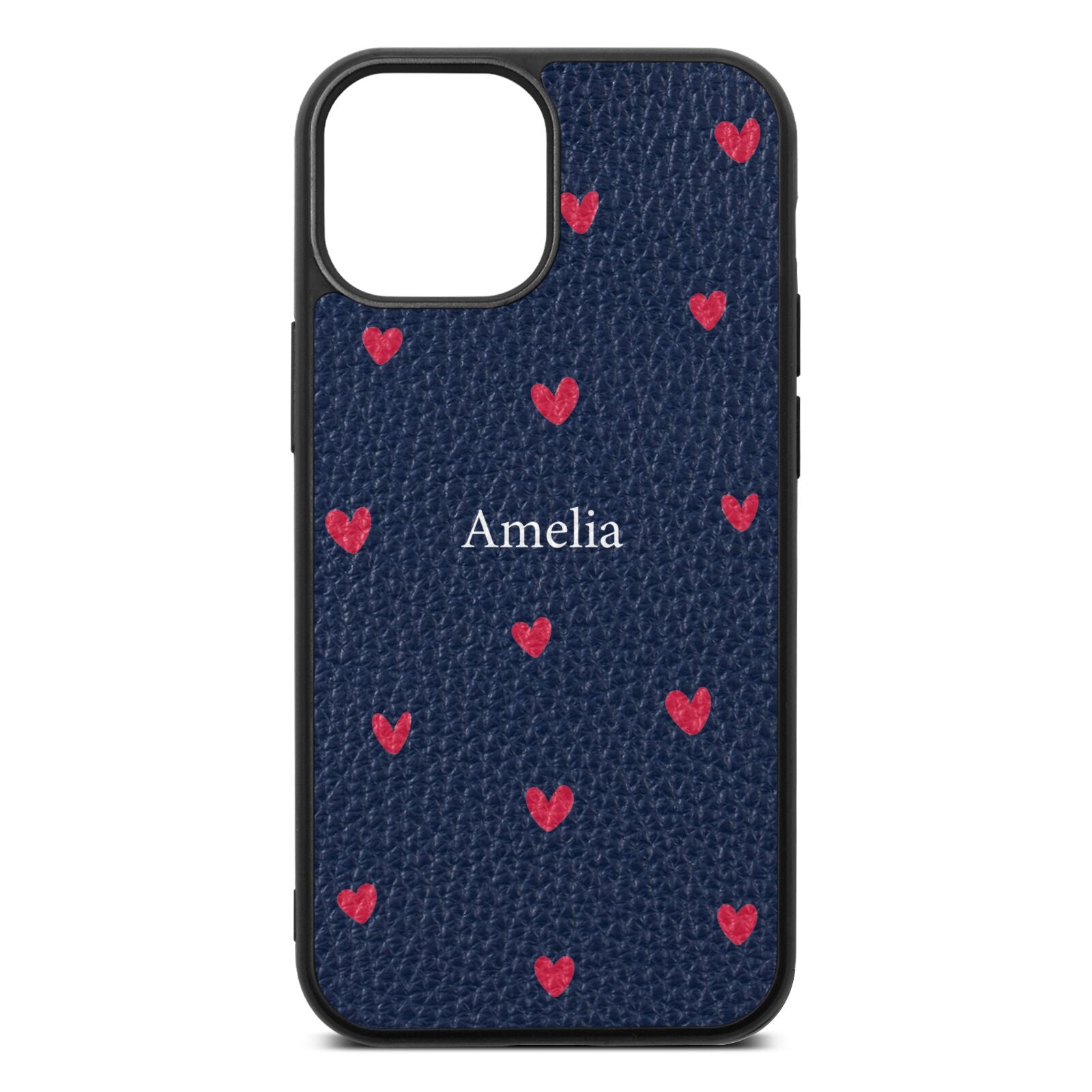 Custom Hearts Name Navy Blue Pebble Leather iPhone 13 Mini Case