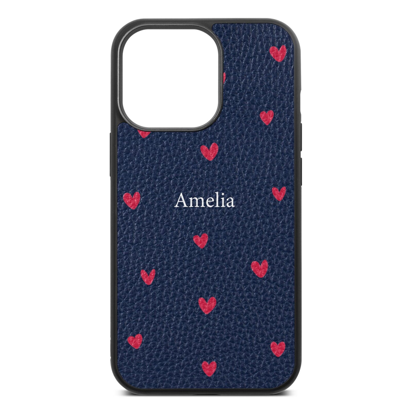 Custom Hearts Name Navy Blue Pebble Leather iPhone 13 Pro Case