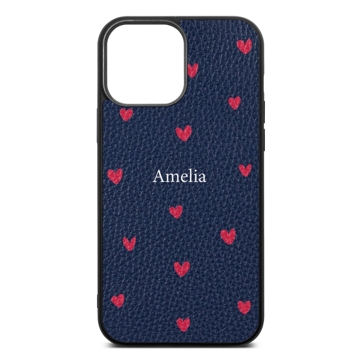 Custom Hearts Name Navy Blue Pebble Leather iPhone 13 Pro Max Case