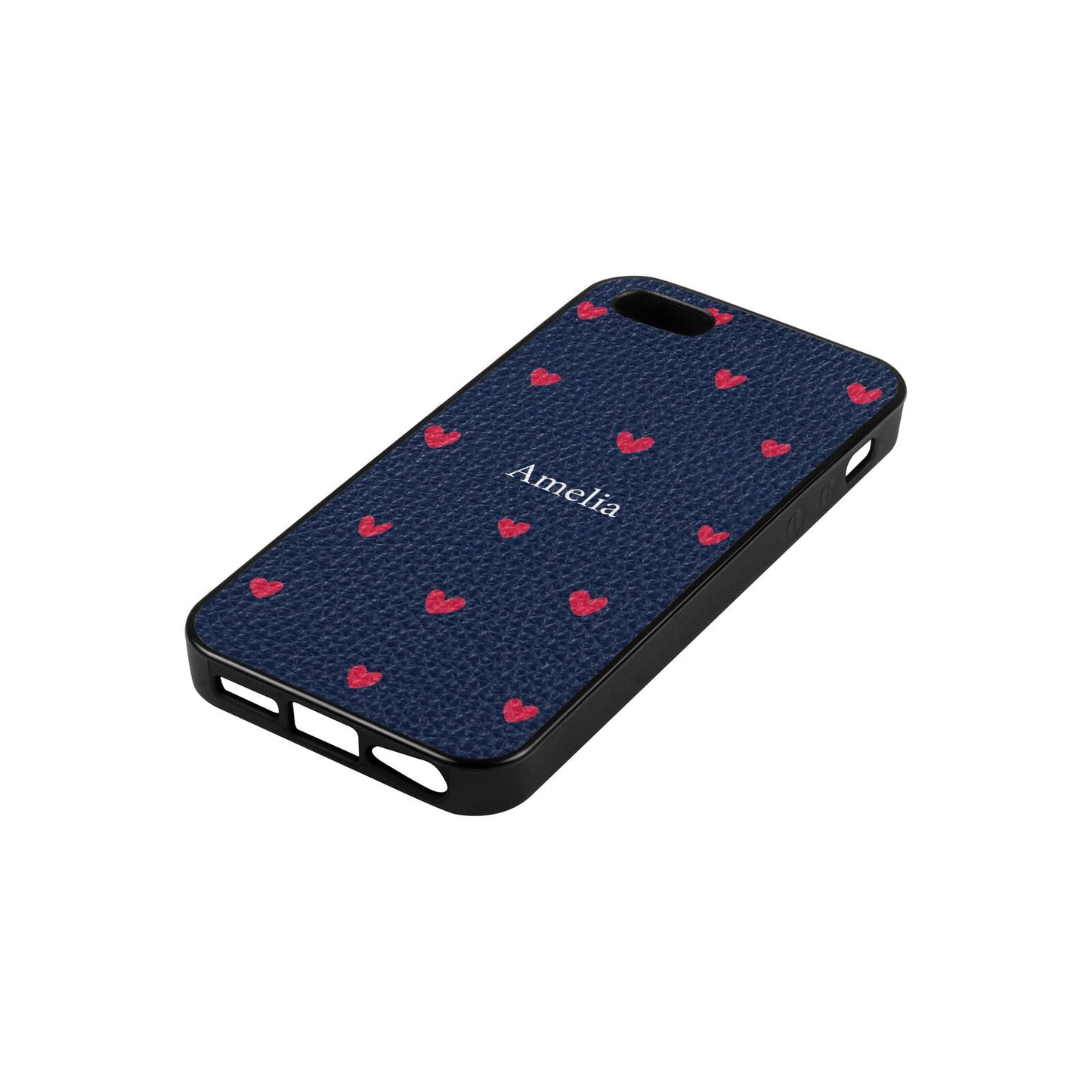 Custom Hearts Name Navy Blue Pebble Leather iPhone 5 Case Side Angle