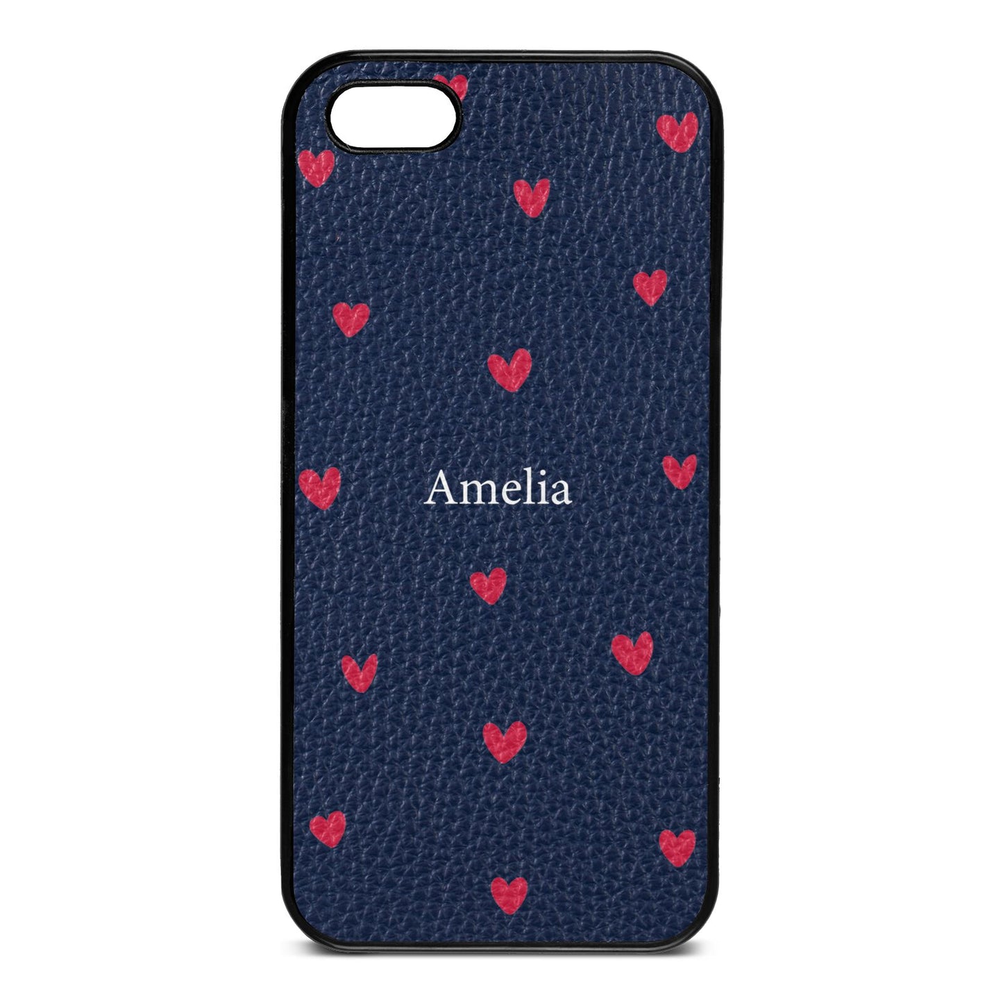 Custom Hearts Name Navy Blue Pebble Leather iPhone 5 Case