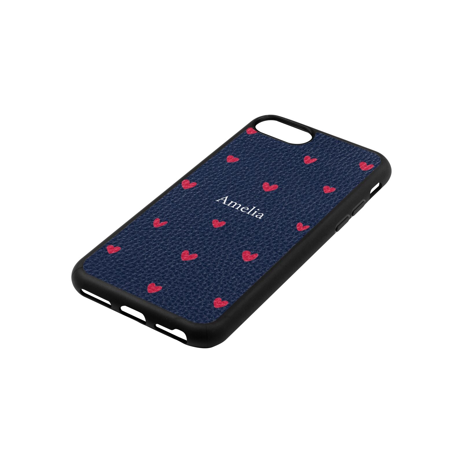 Custom Hearts Name Navy Blue Pebble Leather iPhone 8 Case Side Angle