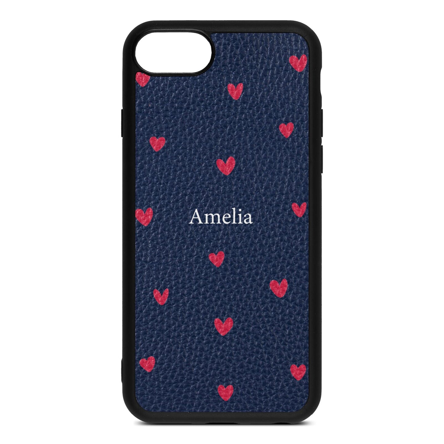 Custom Hearts Name Navy Blue Pebble Leather iPhone 8 Case
