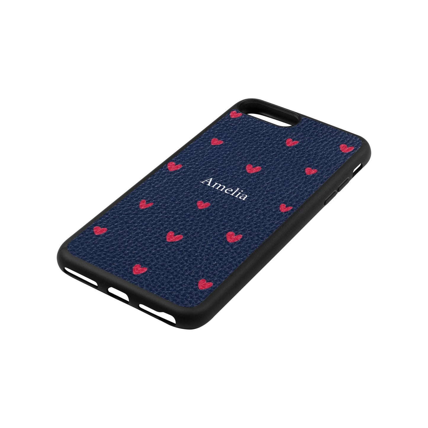 Custom Hearts Name Navy Blue Pebble Leather iPhone 8 Plus Case Side Angle