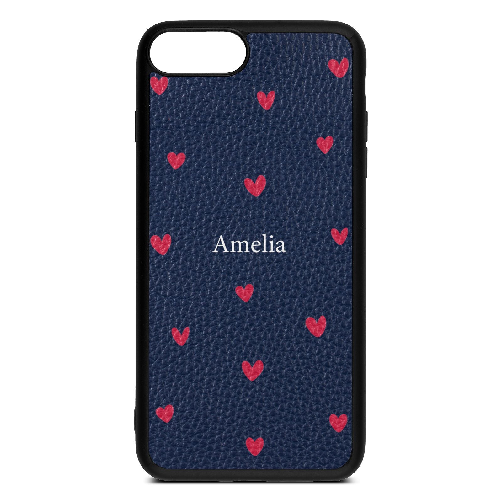 Custom Hearts Name Navy Blue Pebble Leather iPhone 8 Plus Case