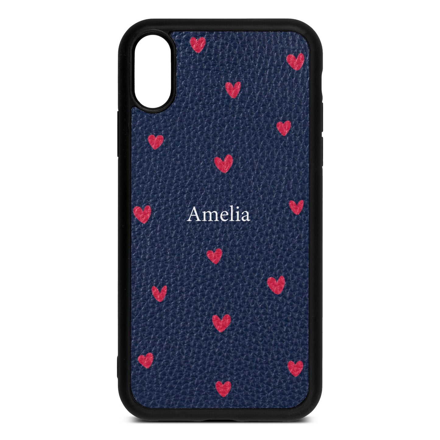 Custom Hearts Name Navy Blue Pebble Leather iPhone Xr Case