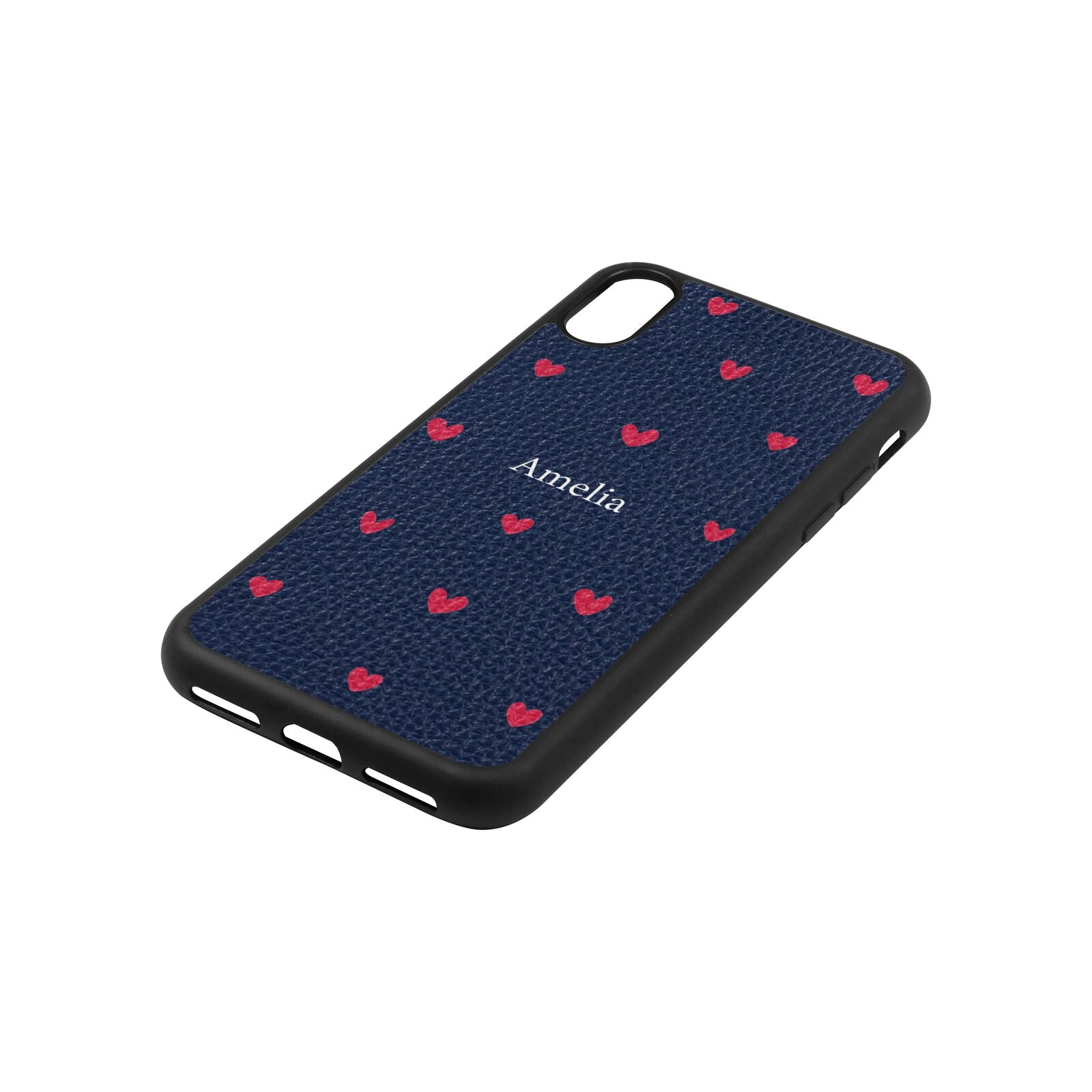 Custom Hearts Name Navy Blue Pebble Leather iPhone Xs Case Side Image