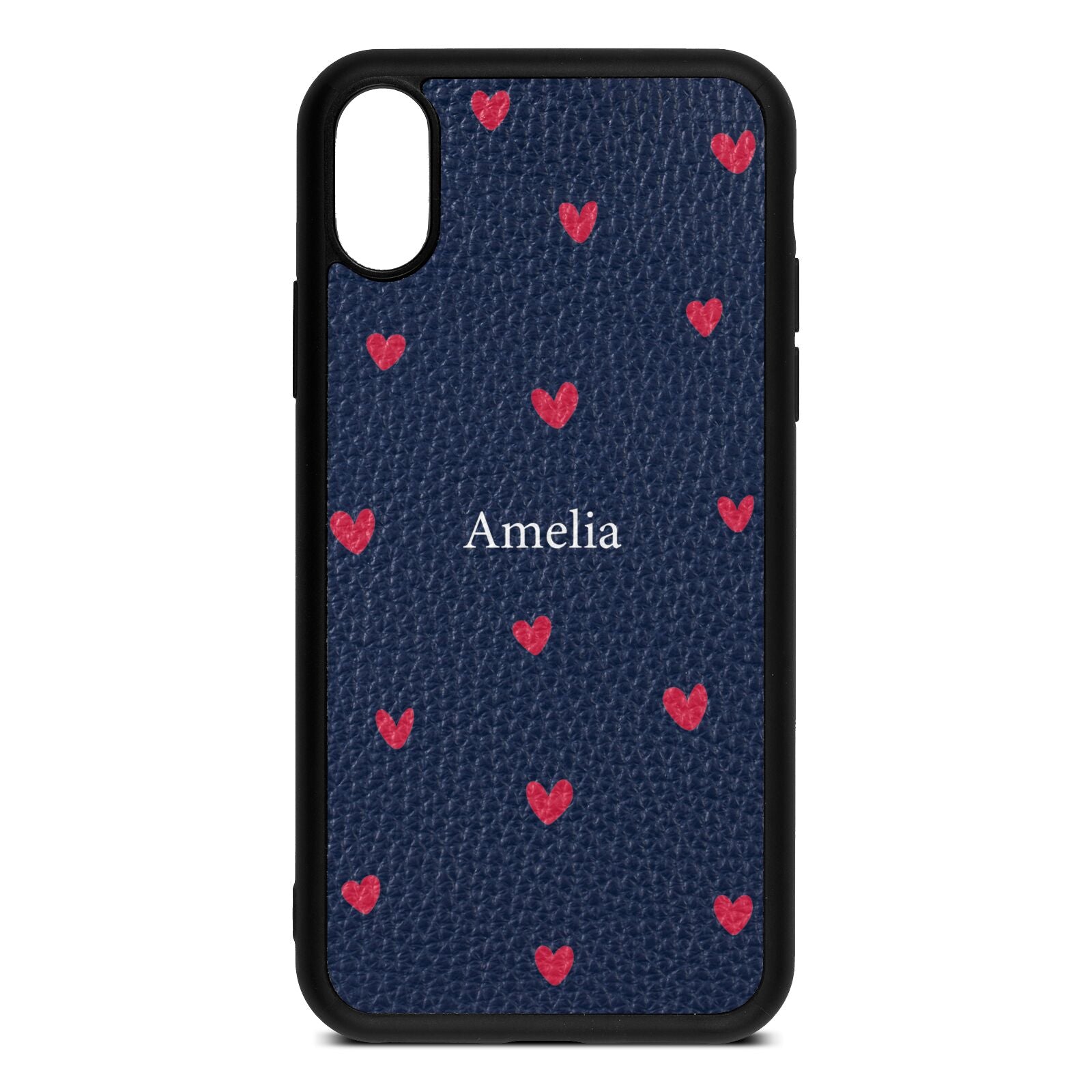 Custom Hearts Name Navy Blue Pebble Leather iPhone Xs Case