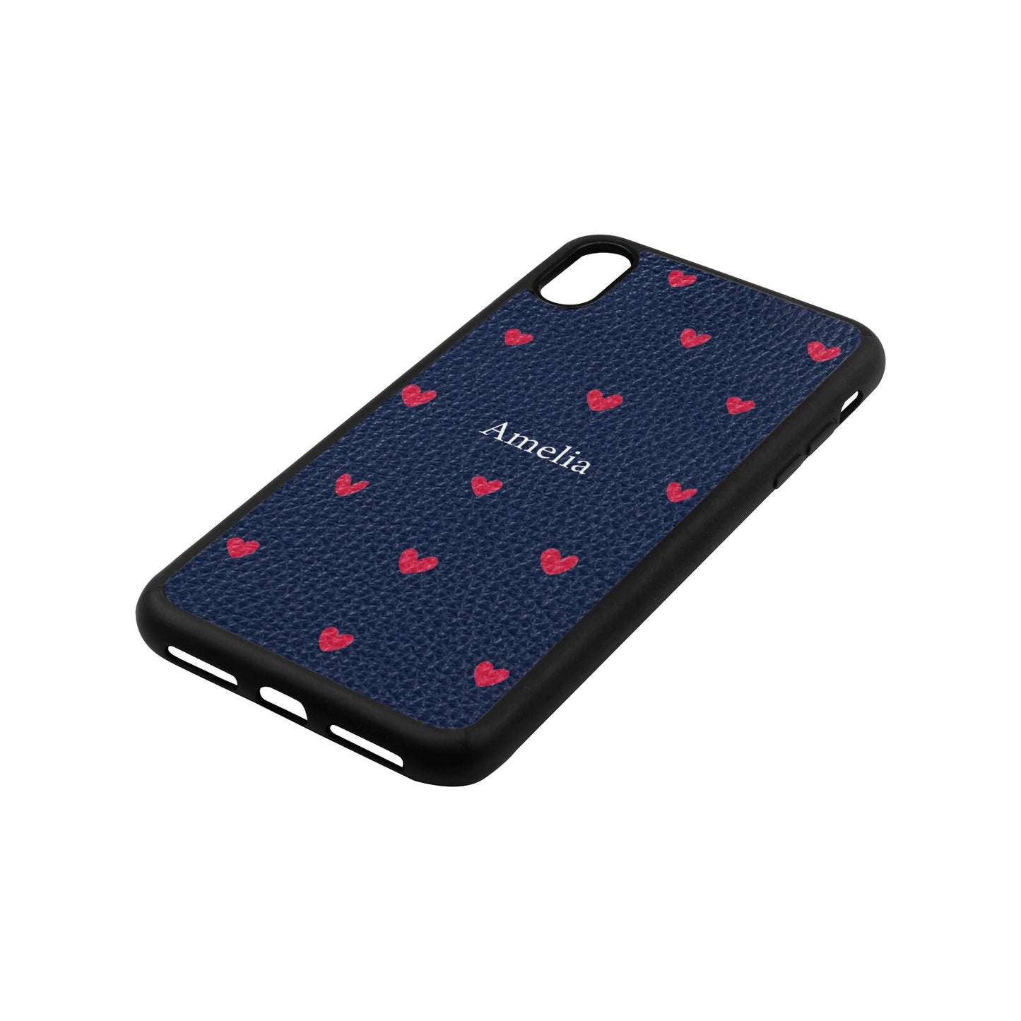 Custom Hearts Name Navy Blue Pebble Leather iPhone Xs Max Case Side Image