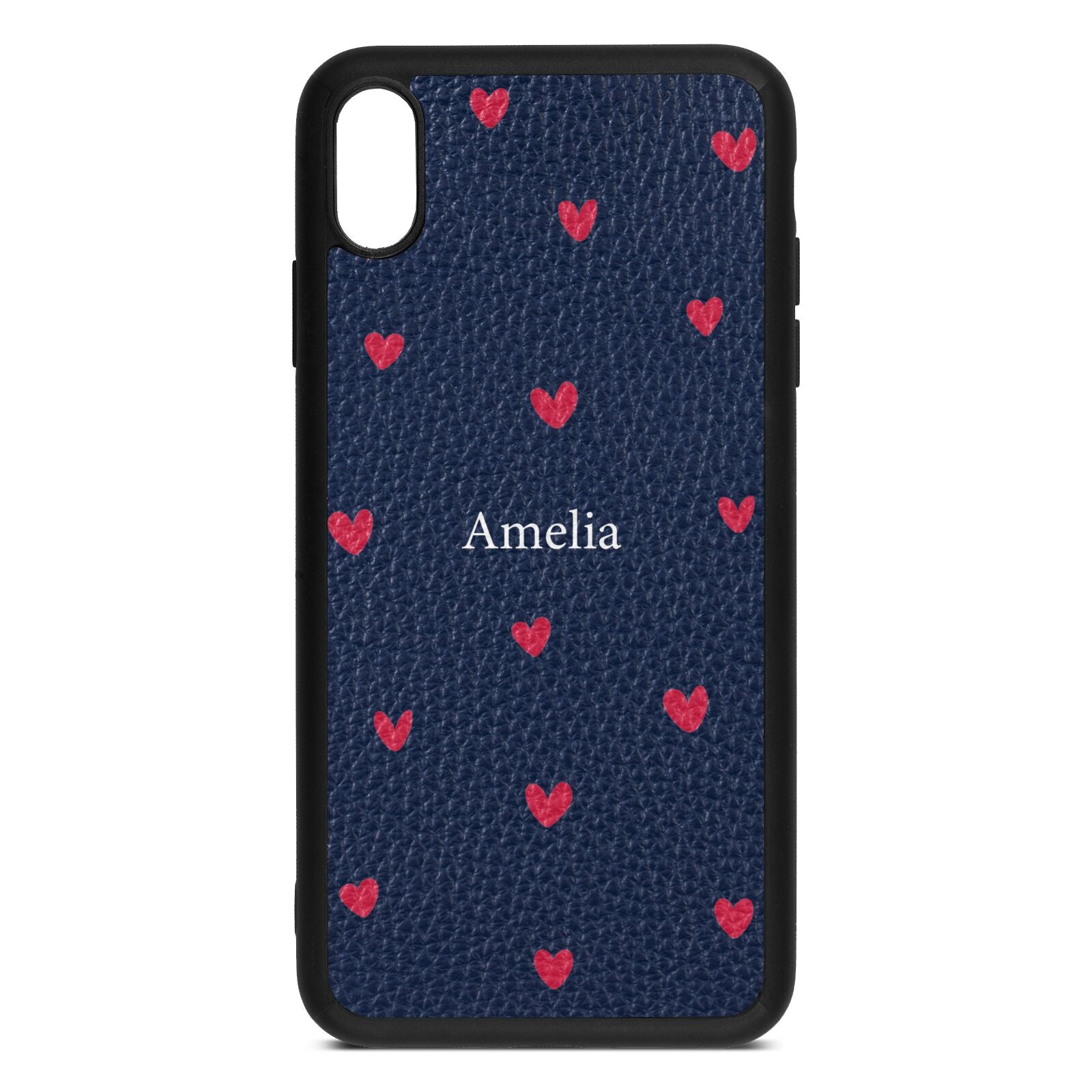 Custom Hearts Name Navy Blue Pebble Leather iPhone Xs Max Case