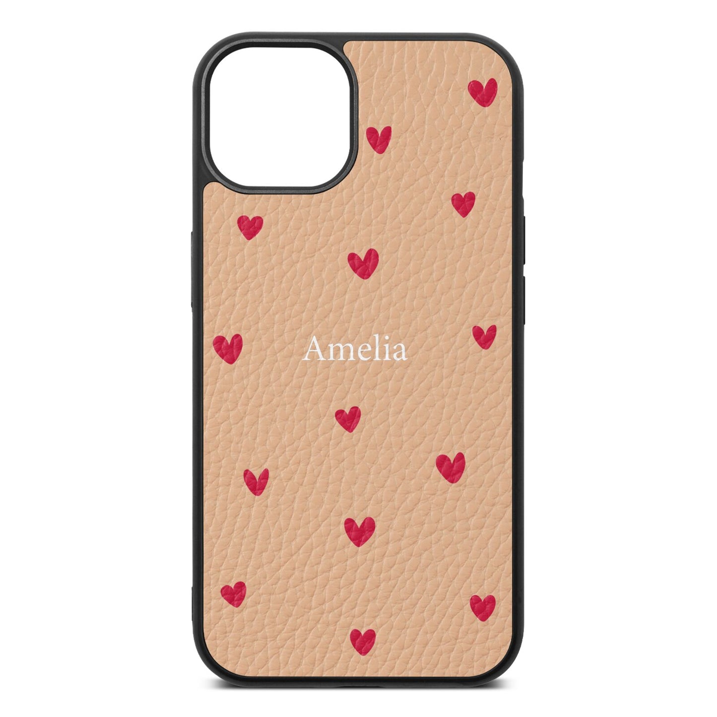 Custom Hearts Name Nude Pebble Leather iPhone 13 Case