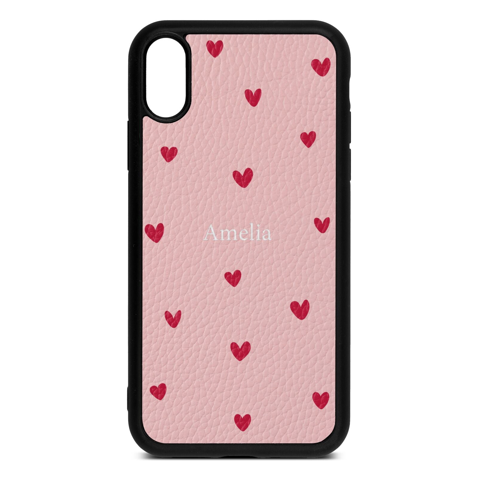 Custom Hearts Name Pink Pebble Leather iPhone Xr Case