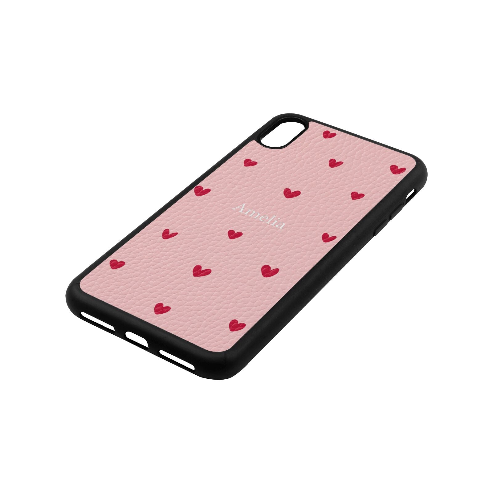 Custom Hearts Name Pink Pebble Leather iPhone Xs Max Case Side Angle