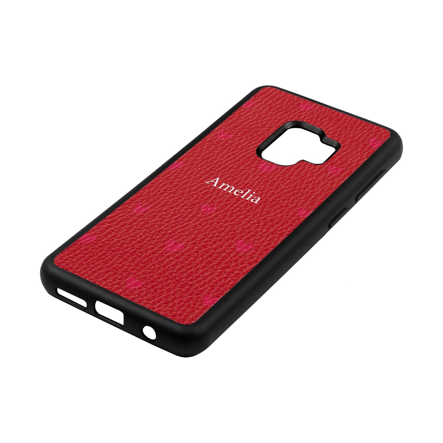 Custom Hearts Name Red Pebble Leather Samsung S9 Case Side Angle