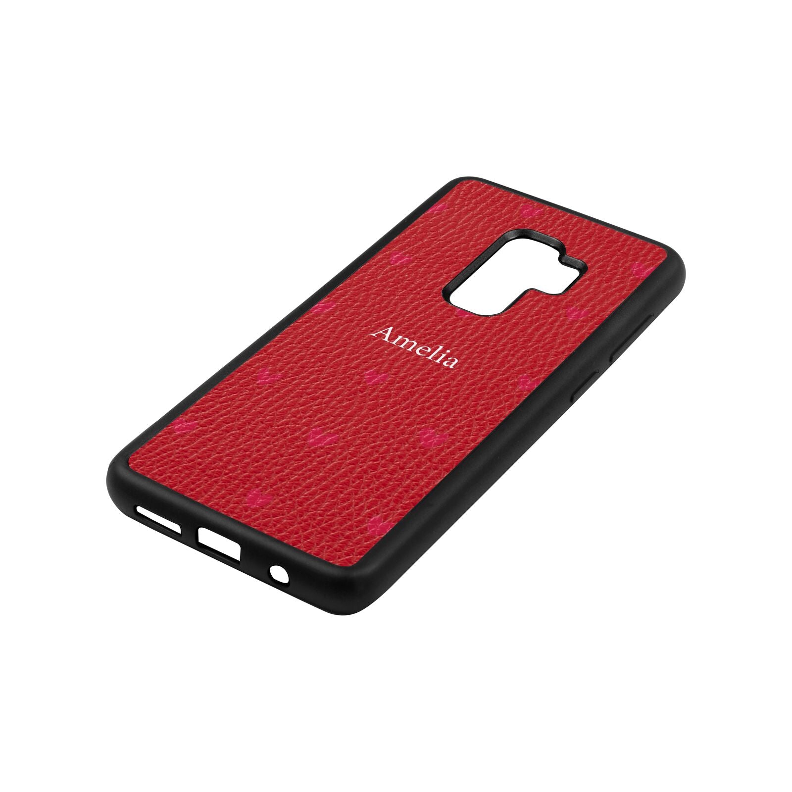 Custom Hearts Name Red Pebble Leather Samsung S9 Plus Case Side Angle