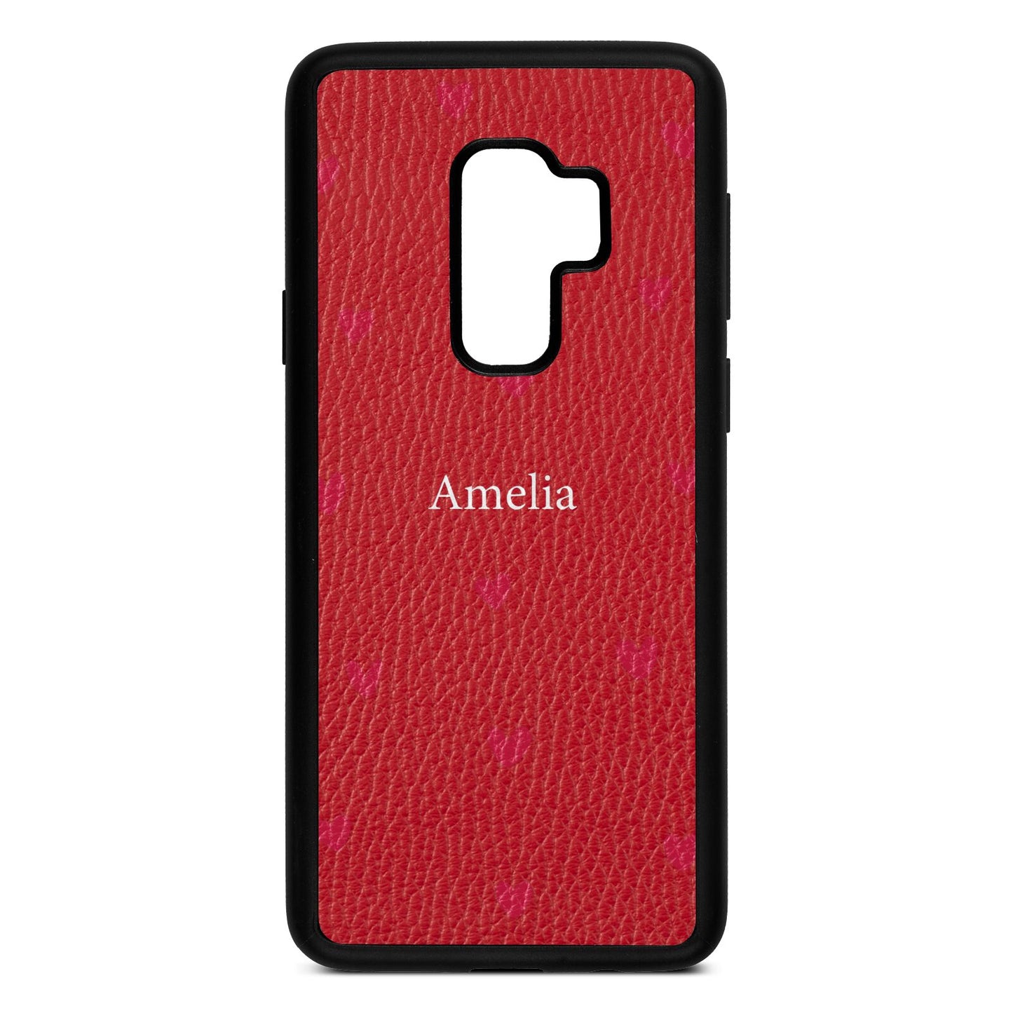 Custom Hearts Name Red Pebble Leather Samsung S9 Plus Case