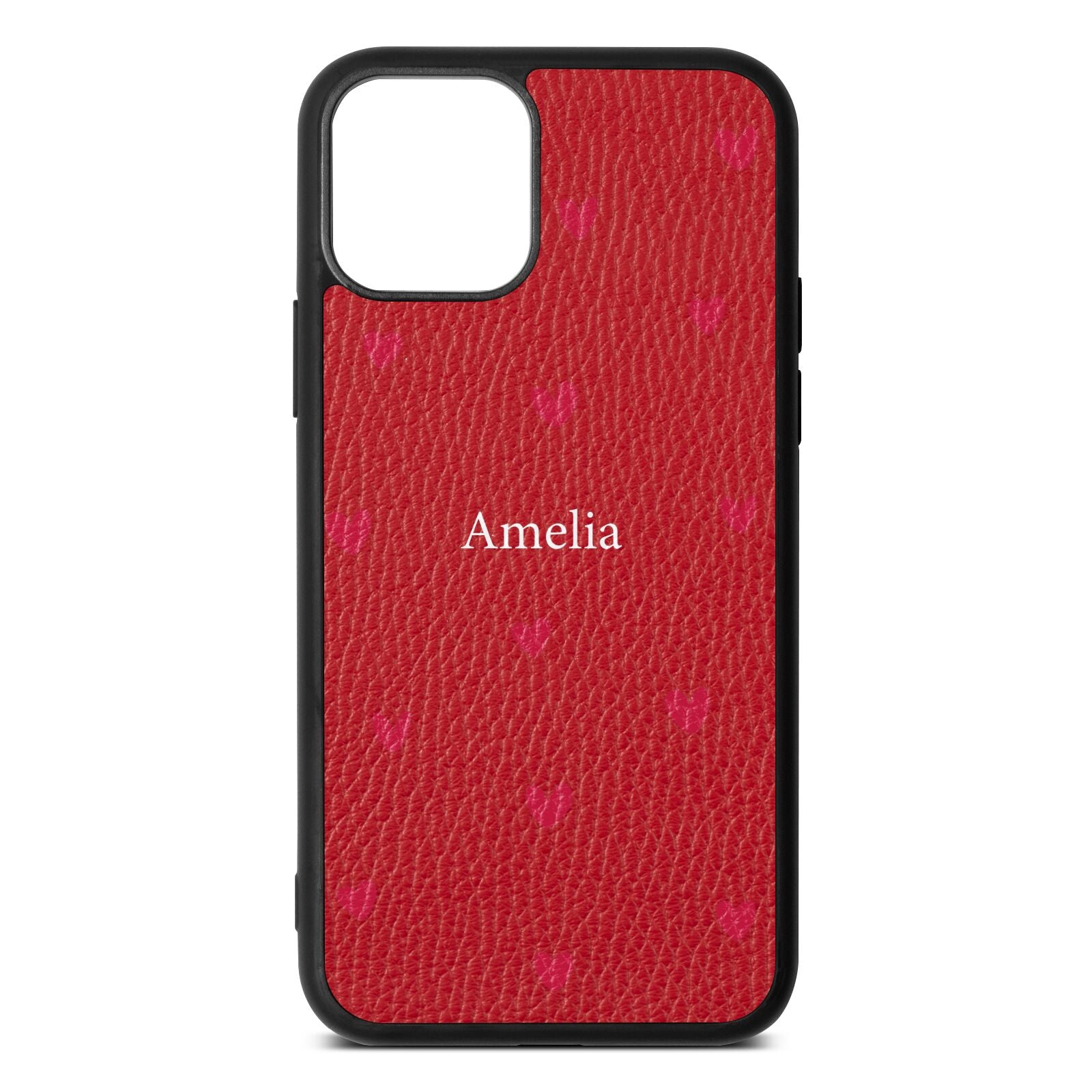 Custom Hearts Name Red Pebble Leather iPhone 11 Case