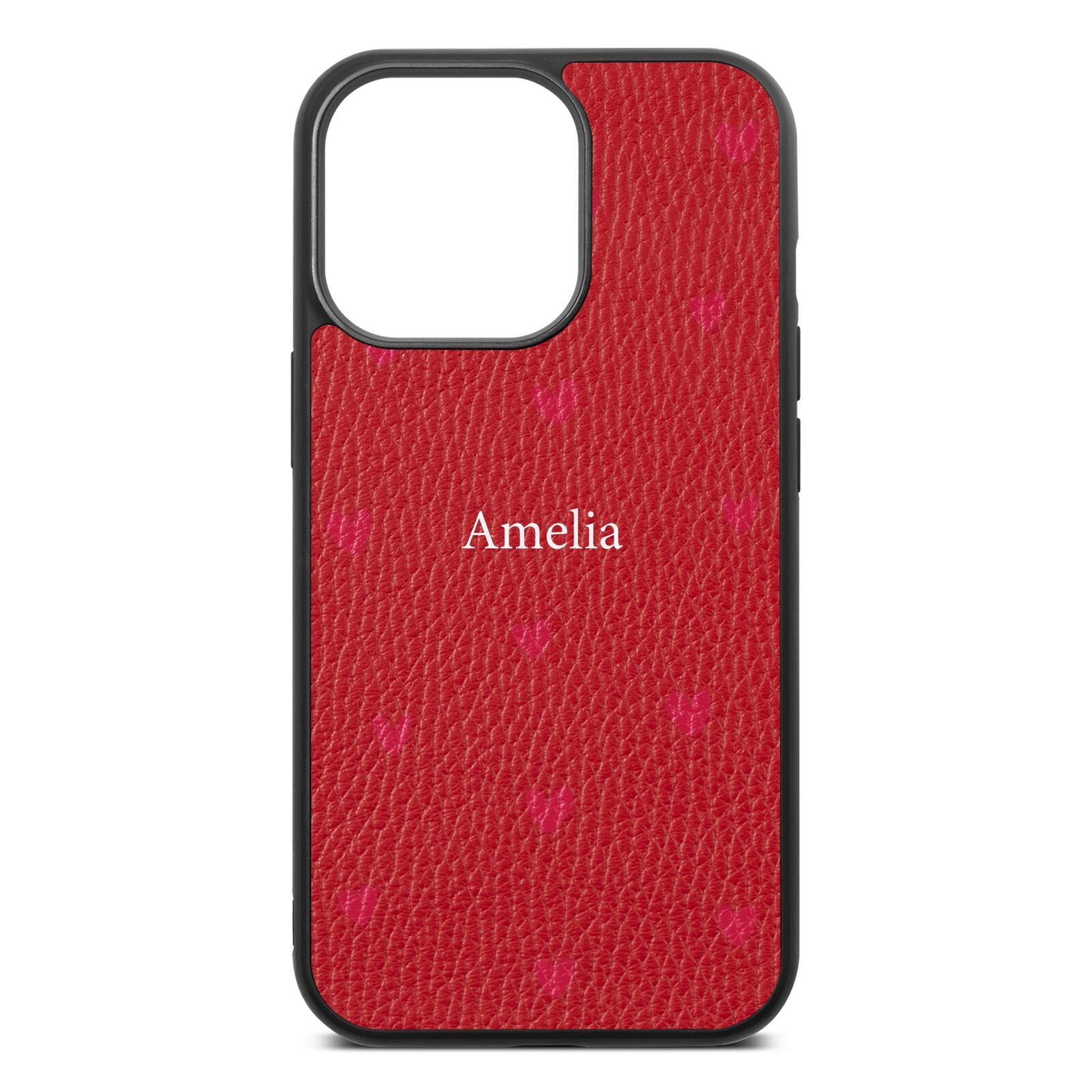 Custom Hearts Name Red Pebble Leather iPhone 13 Pro Case