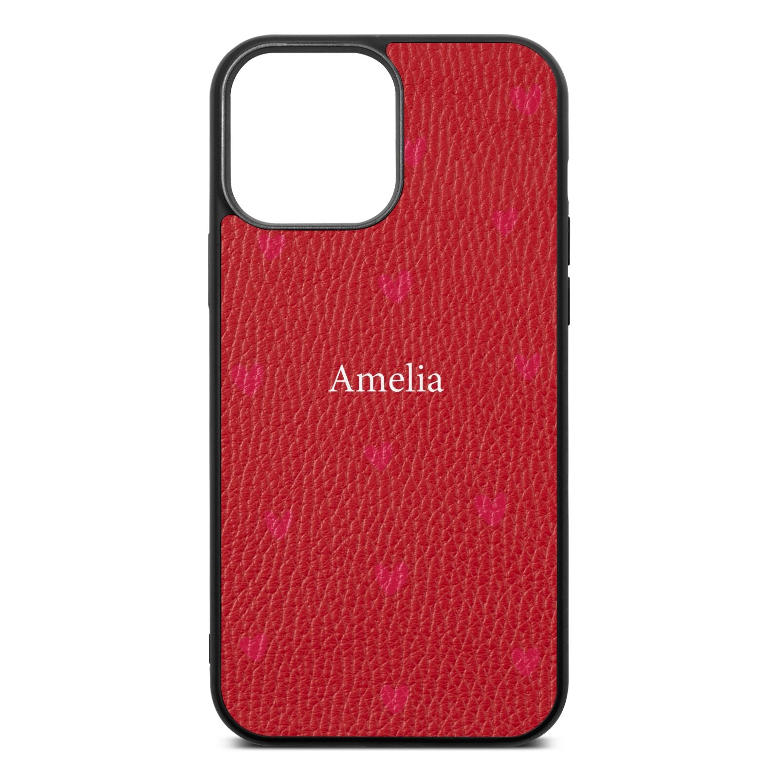 Custom Hearts Name Red Pebble Leather iPhone 13 Pro Max Case