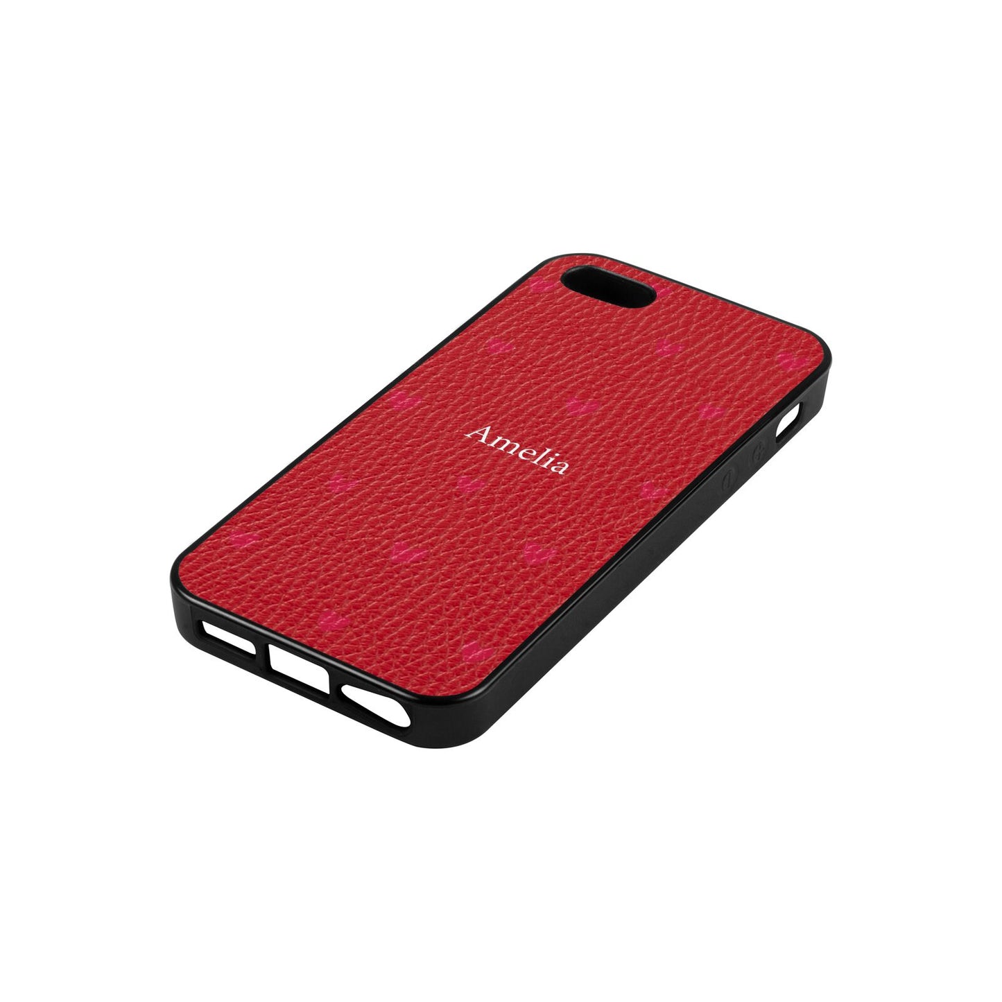 Custom Hearts Name Red Pebble Leather iPhone 5 Case Side Angle