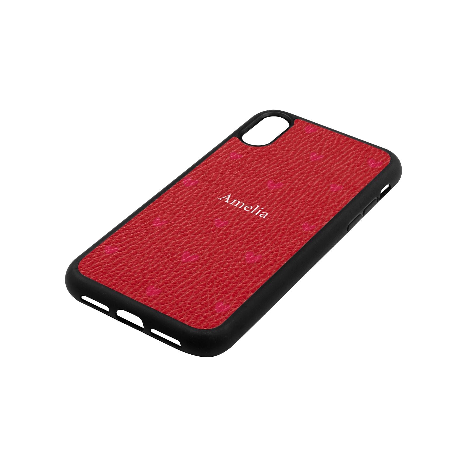 Custom Hearts Name Red Pebble Leather iPhone Xr Case Side Angle