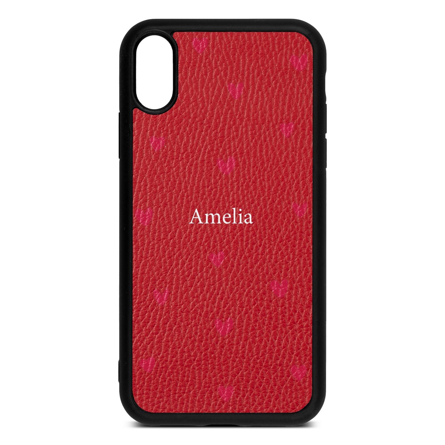 Custom Hearts Name Red Pebble Leather iPhone Xr Case