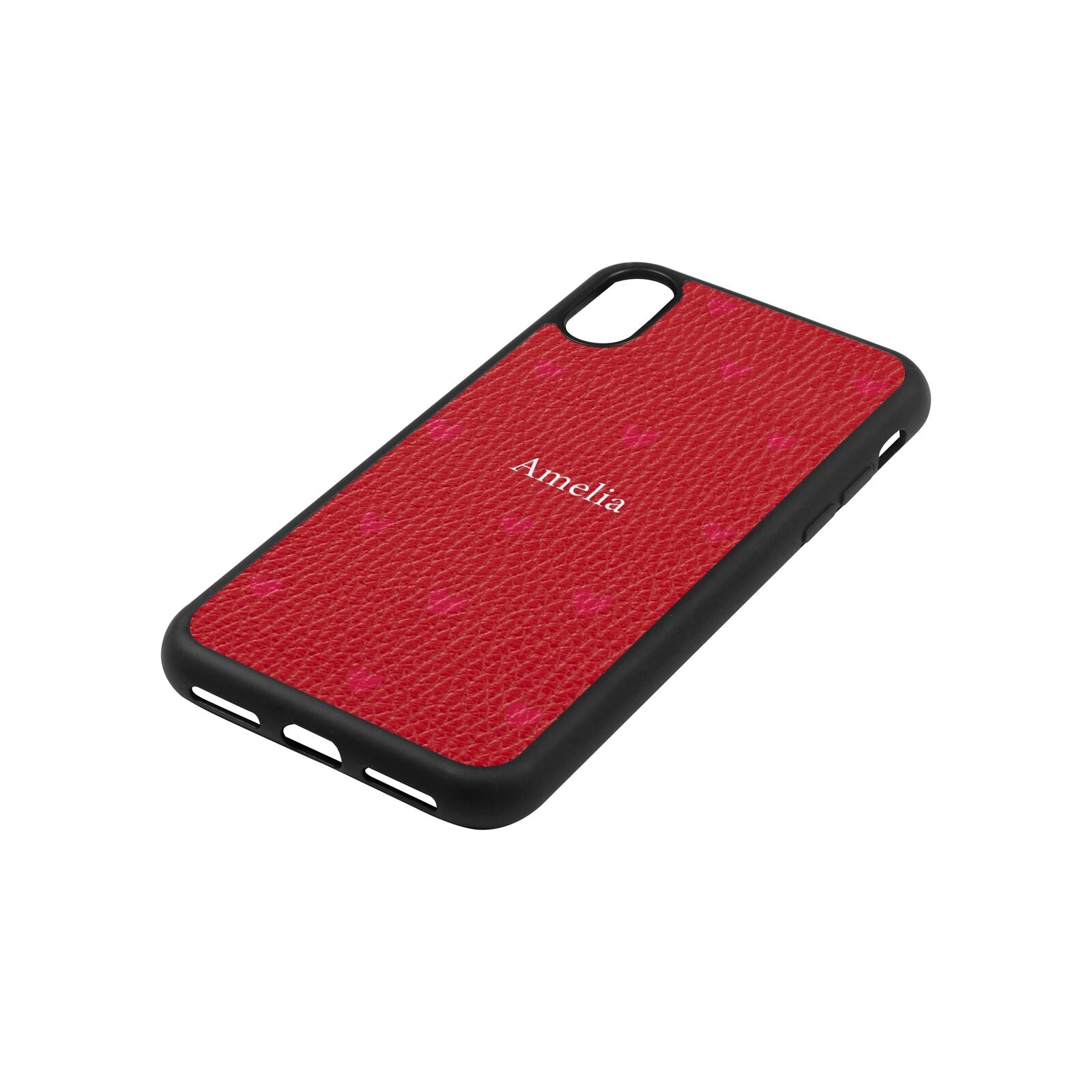 Custom Hearts Name Red Pebble Leather iPhone Xs Case Side Angle