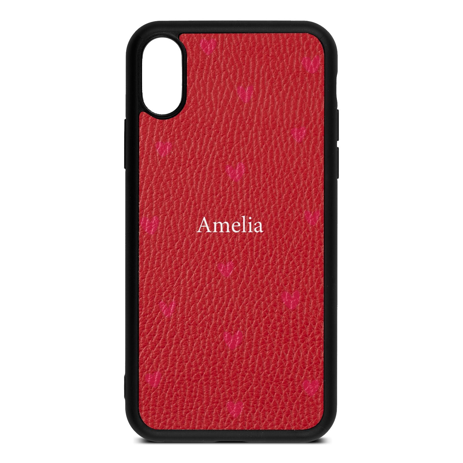 Custom Hearts Name Red Pebble Leather iPhone Xs Case