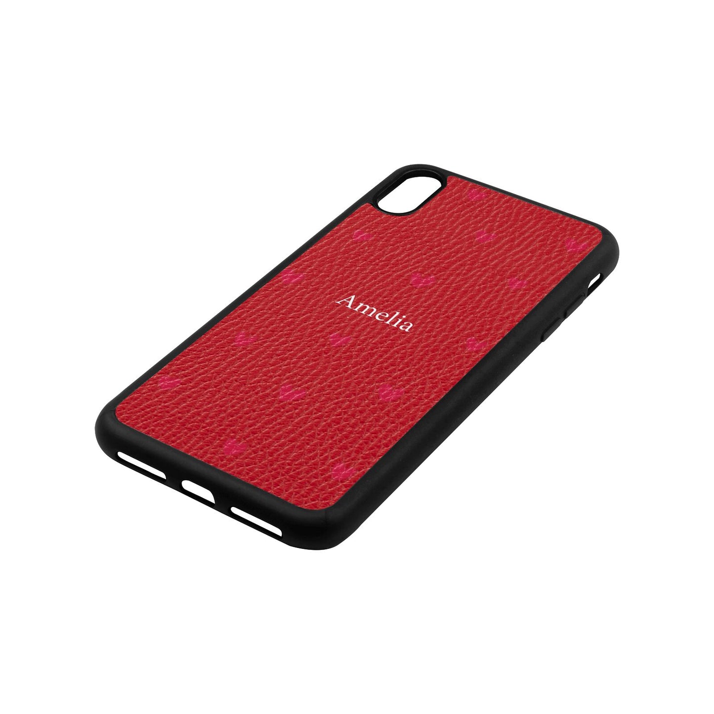 Custom Hearts Name Red Pebble Leather iPhone Xs Max Case Side Angle