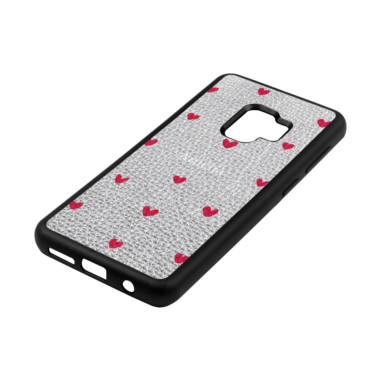 Custom Hearts Name Silver Pebble Leather Samsung S9 Case Side Angle