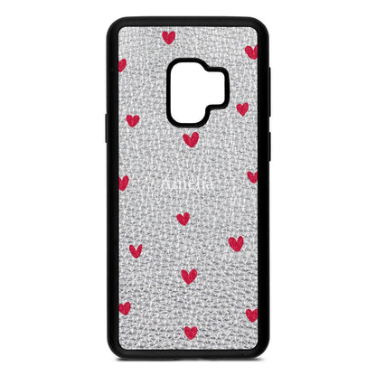 Custom Hearts Name Silver Pebble Leather Samsung S9 Case