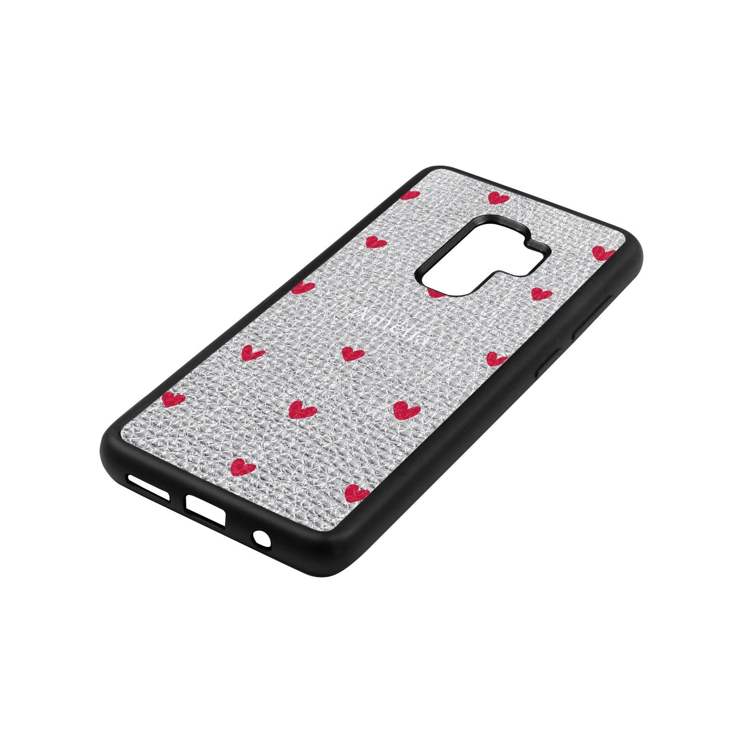 Custom Hearts Name Silver Pebble Leather Samsung S9 Plus Case Side Angle