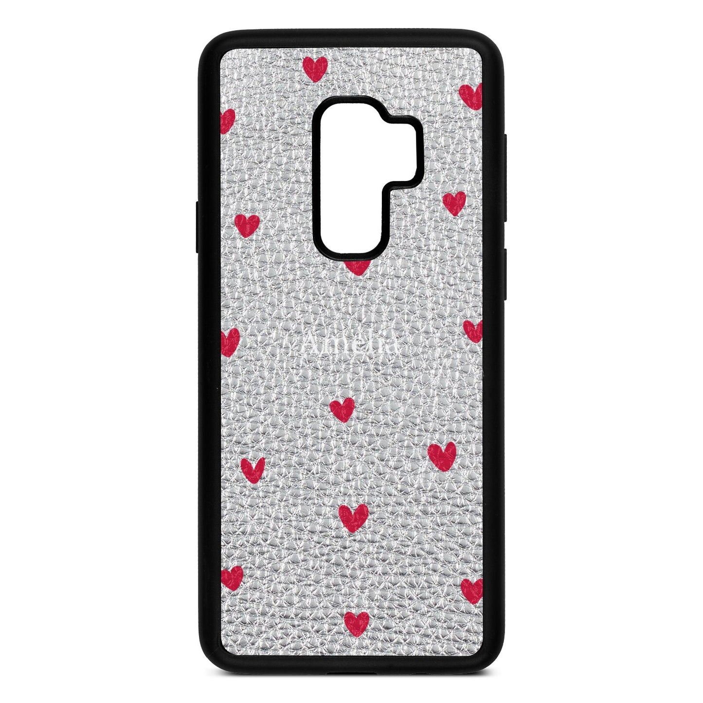 Custom Hearts Name Silver Pebble Leather Samsung S9 Plus Case