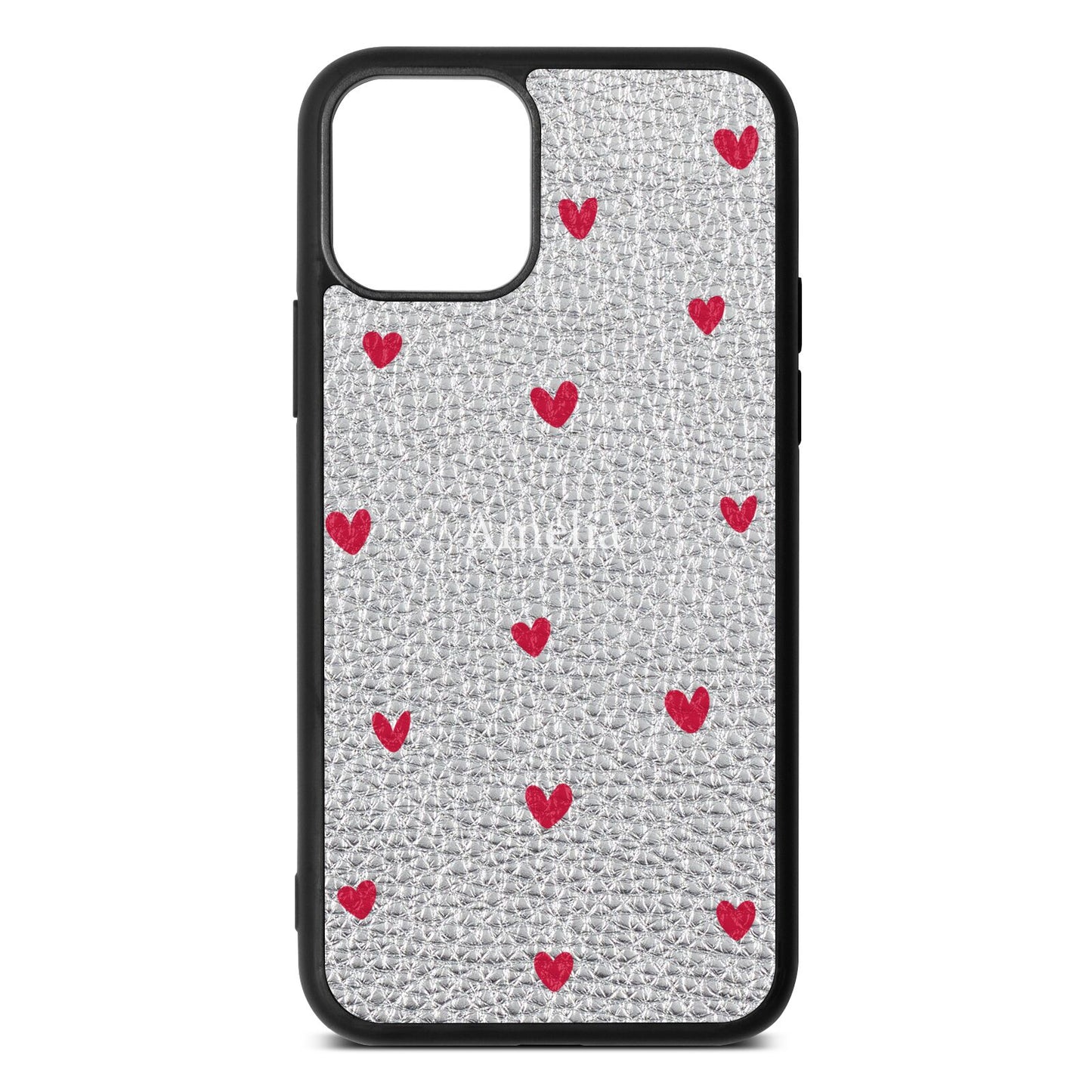 Custom Hearts Name Silver Pebble Leather iPhone 11 Case