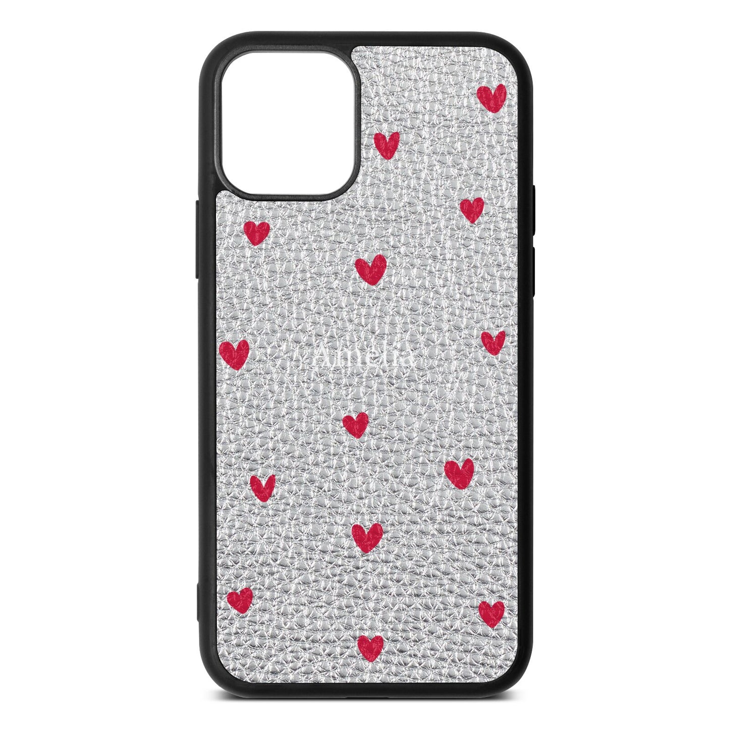 Custom Hearts Name Silver Pebble Leather iPhone 11 Pro Case